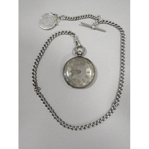 353 - AN ANTIQUE SILVER POCKET WATCH ALBERT CHAIN AND WATCH