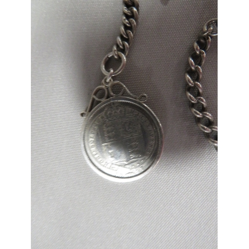 353 - AN ANTIQUE SILVER POCKET WATCH ALBERT CHAIN AND WATCH