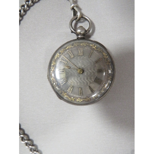 353 - AN ANTIQUE SILVER POCKET WATCH ALBERT CHAIN AND WATCH