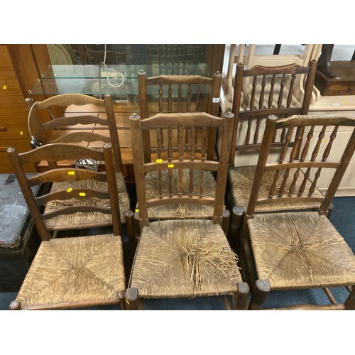 786 - A set of four antique Oak Lancashire style wicker seat chairs