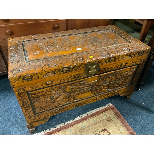 782 - An Eastern carved hardwood blanket box W 100 cm