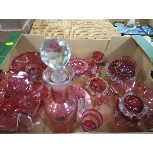 101 - A tray of assorted cranberry glass etc