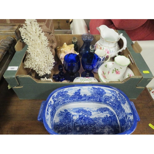 103 - A tray of sundries to include ceramics, glassware,  coral and shells