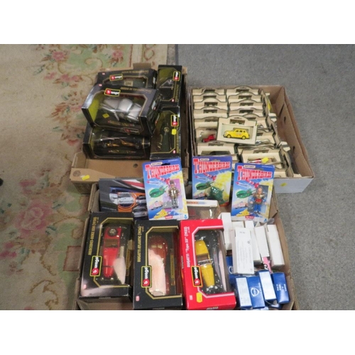 116 - Three trays of assorted vintage toys to include  boxed Burago examples, three carded Matchbox Thunde... 