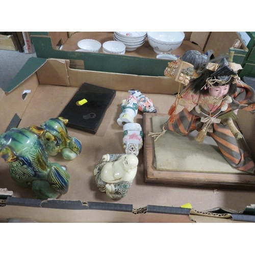 121 - Asian Art collectables including a Japanese model Samurai warrior, two ceramic foo dogs, seated Chin... 