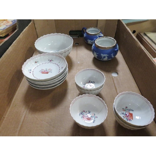 122 - A hallmarked silver rimmed Wedgwood blue dipped cream and sugar bowl together with antique tea bowls... 