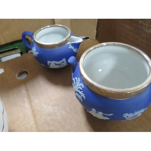 122 - A hallmarked silver rimmed Wedgwood blue dipped cream and sugar bowl together with antique tea bowls... 