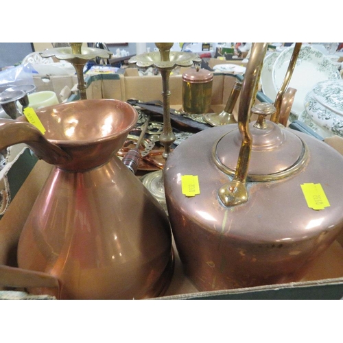 139 - Two trays of metal ware to include copper, brass and silver plated ware