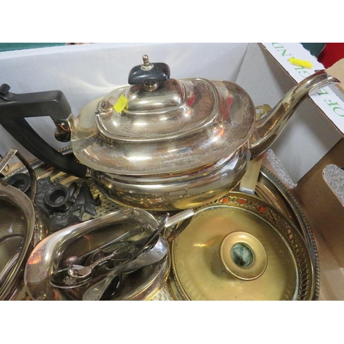 153 - A tray of assorted metal ware to include a three piece silver plated tea-service on tray