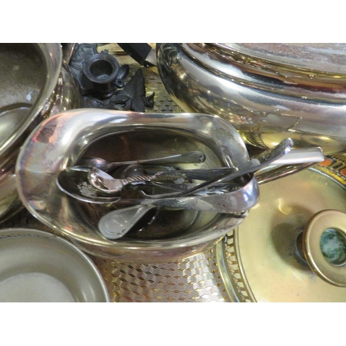 153 - A tray of assorted metal ware to include a three piece silver plated tea-service on tray