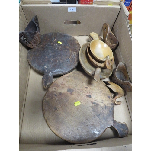 178 - Two Indian chapati boards, three Scandinavian duck shaped bowls, three Eastern European drinking cup... 