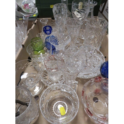 74 - Two trays of assorted cut glass to include decanters etc