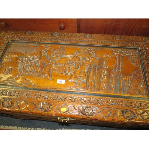 782 - An Eastern carved hardwood blanket box W 100 cm