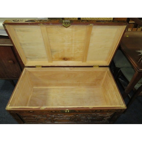 782 - An Eastern carved hardwood blanket box W 100 cm