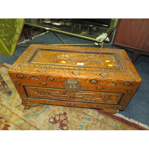 783 - A smaller carved Eastern hardwood blanket box W 70 cm