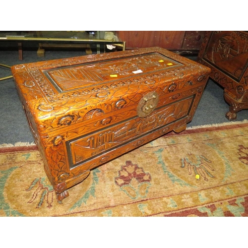 783 - A smaller carved Eastern hardwood blanket box W 70 cm