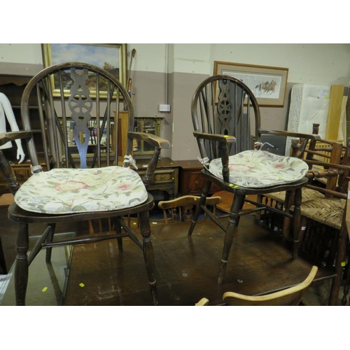 787 - An oak refectory dining table with four chairs, and two other wheel back chairs A/F