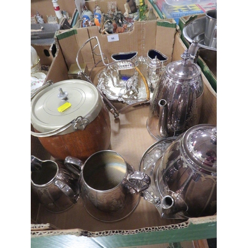 98 - Two trays of metal ware to include a pair of pierced cruets