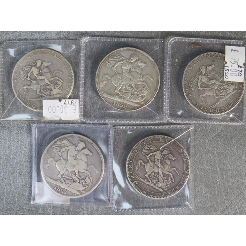 George III and IV crowns, 1819 x 2, 1820, 1821 and 1822 (5)