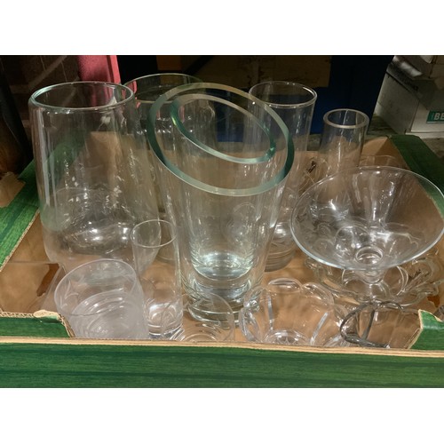 105 - Two trays of assorted glassware to include vases, wine glasses etc