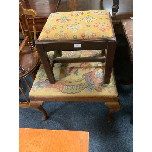 772 - A vintage walnut cabriole leg stool together with an oak stool