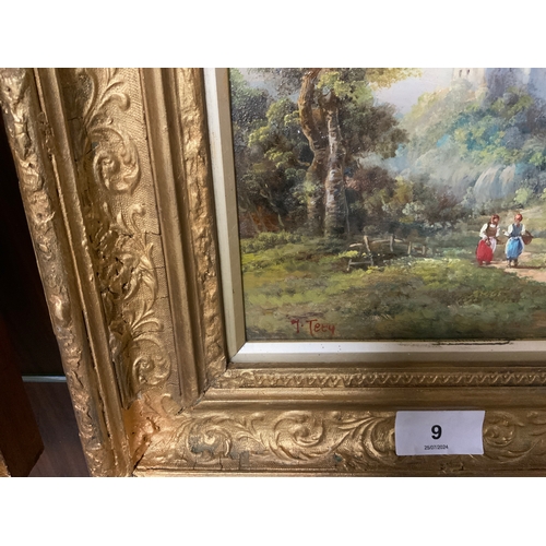 9 - A 19 century oil on copper depicting figures below a hilltop castle signed but indistinct