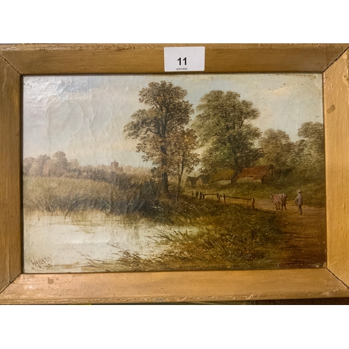 11 - A 19th century oil on canvas depicting a farmer and cow signed lower left possibly Wayland