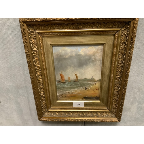 19 - A naïve oil on board depicting a coastal scene