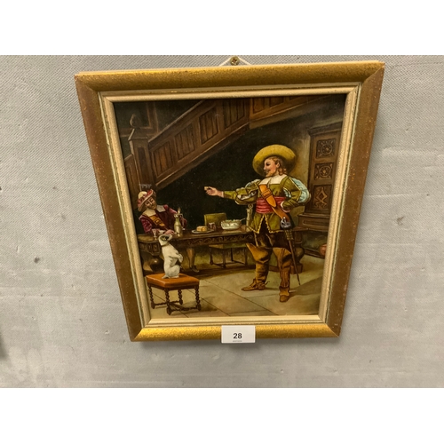 28 - A small naive oil on board depicting a cavalier and a dog