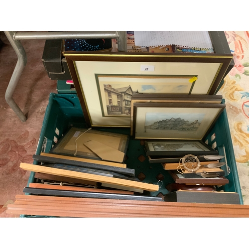 31 - A tray of assorted pictures and prints to include a modern barometer