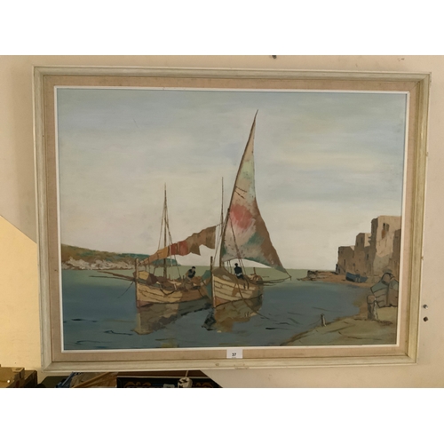 37 - Cornish School - An oil on board depicting fishing boats and figures 60 x 80 cm