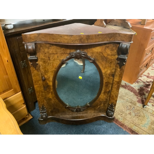 776 - A small Victorian walnut mirror fronted corner cabinet together with two occasional tables