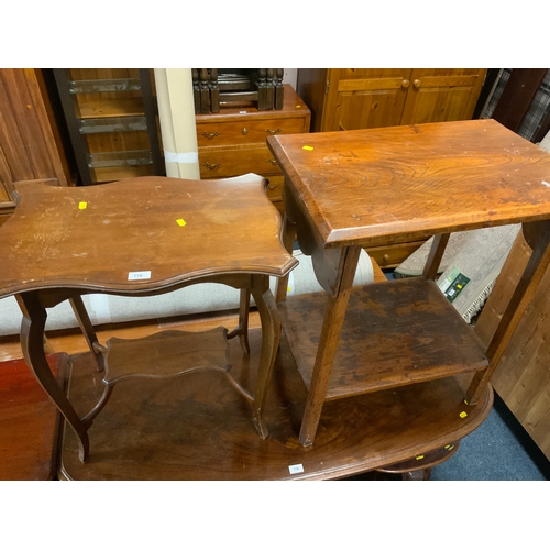 776 - A small Victorian walnut mirror fronted corner cabinet together with two occasional tables