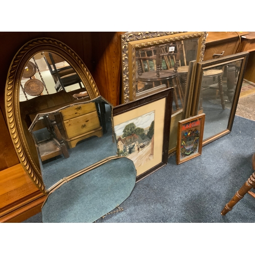 795 - A quantity of mirrors and pictures to include Deco examples, small Martini pub mirror etc.