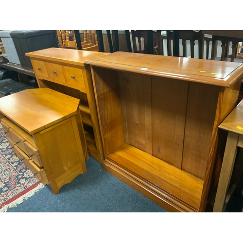 796 - A modern cherry style open bookcase together with a TV media cabinet and another similar bookcase