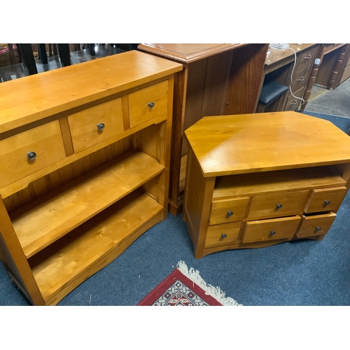 796 - A modern cherry style open bookcase together with a TV media cabinet and another similar bookcase