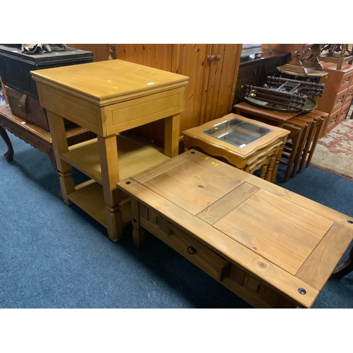 813 - A modern butcher style block table together with a colonial coffee table