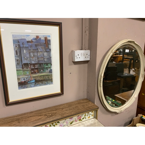 40 - A modern cream oval mirror to go with a gilt rectangular mirror and two signed prints