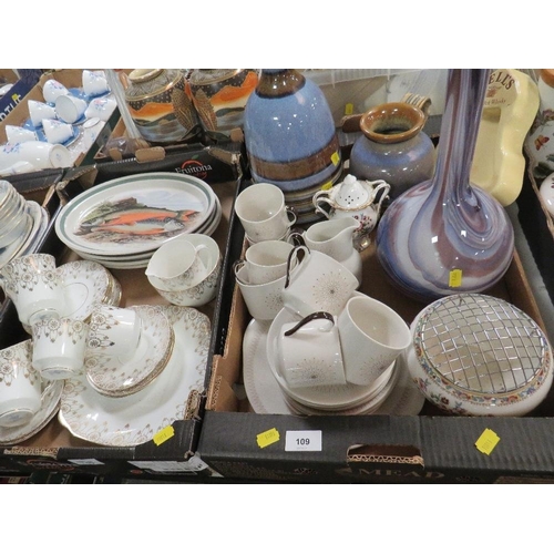 109 - Two trays of ceramics and glassware to include Portmeirion fish plates, Denby vase, and Royal Doulto... 