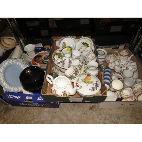 113 - Three trays of assorted ceramics etc to include TG Green rolling pin, Portmeirion, Royal Worcester E... 