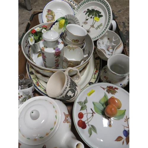 113 - Three trays of assorted ceramics etc to include TG Green rolling pin, Portmeirion, Royal Worcester E... 