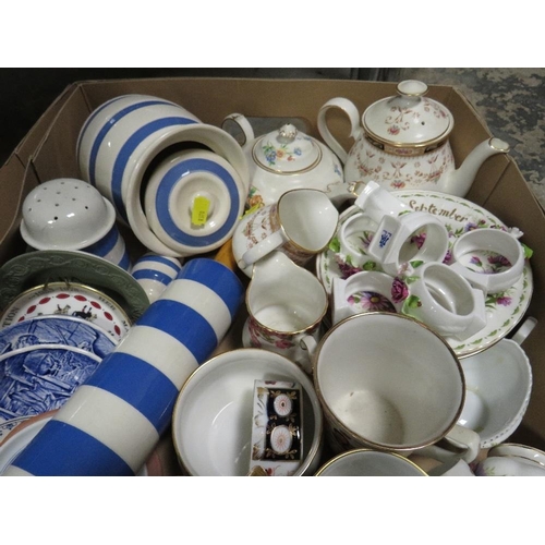 113 - Three trays of assorted ceramics etc to include TG Green rolling pin, Portmeirion, Royal Worcester E... 