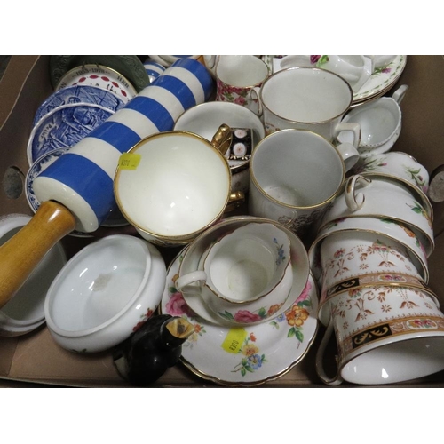 113 - Three trays of assorted ceramics etc to include TG Green rolling pin, Portmeirion, Royal Worcester E... 