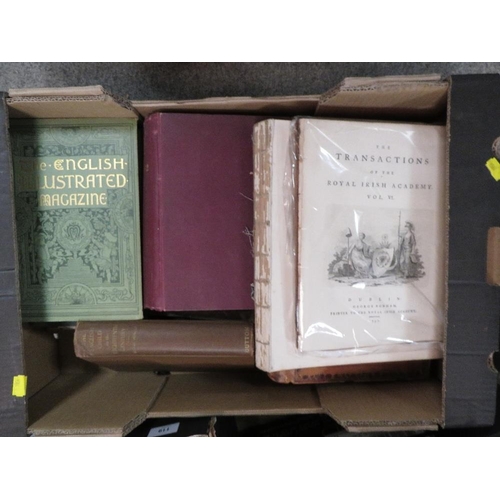 119 - Antiquarian Books - 4 boxes of books etc, mostly 19th century noted Transactions or the Royal Irish ... 