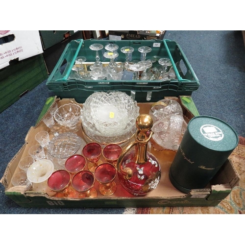 127 - Two trays of assorted glassware to include a Bohemian decanter and four glasses etc