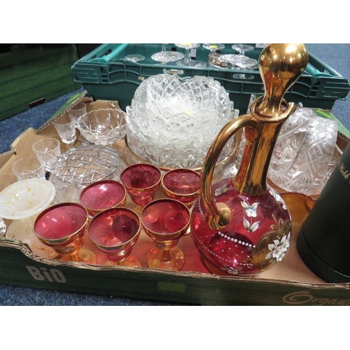 127 - Two trays of assorted glassware to include a Bohemian decanter and four glasses etc