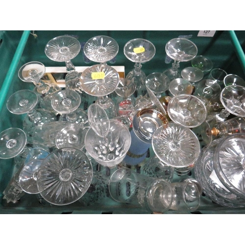 127 - Two trays of assorted glassware to include a Bohemian decanter and four glasses etc