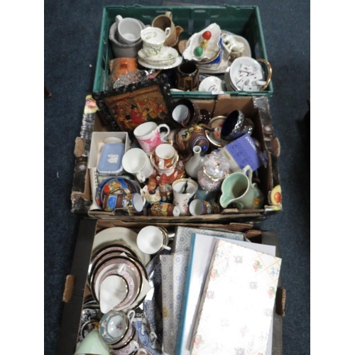 128 - Three trays of assorted tea ware, ceramics etc to include Royal Albert, Wedgwood and Denby