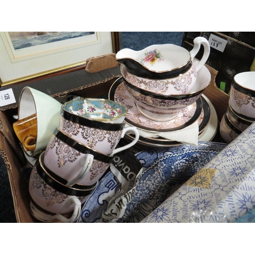 128 - Three trays of assorted tea ware, ceramics etc to include Royal Albert, Wedgwood and Denby