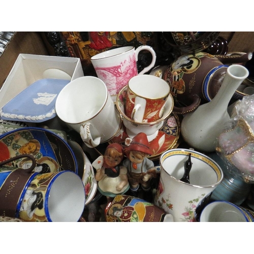 128 - Three trays of assorted tea ware, ceramics etc to include Royal Albert, Wedgwood and Denby